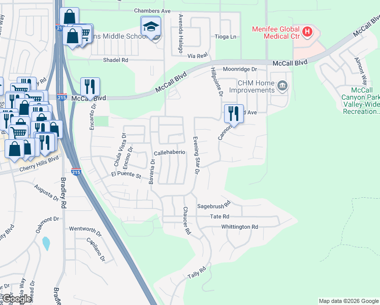 map of restaurants, bars, coffee shops, grocery stores, and more near 28243 Vía Bandita in Menifee