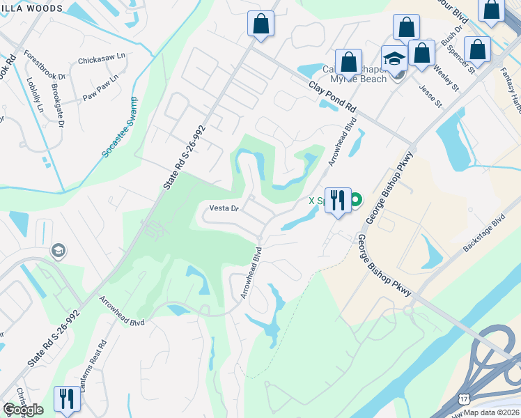 map of restaurants, bars, coffee shops, grocery stores, and more near 206 Vesta Drive in Myrtle Beach