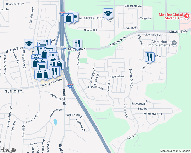 map of restaurants, bars, coffee shops, grocery stores, and more near 28211 Encino Drive in Menifee
