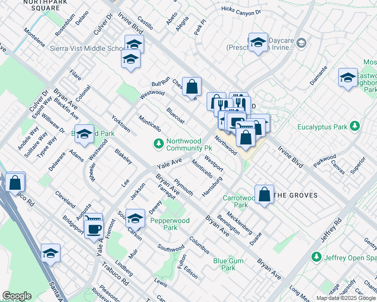 map of restaurants, bars, coffee shops, grocery stores, and more near in Irvine