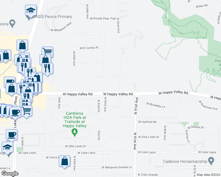 map of restaurants, bars, coffee shops, grocery stores, and more near 9260 West Happy Valley Road in Peoria