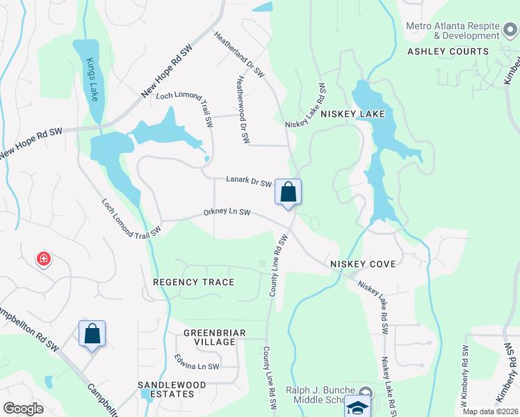 map of restaurants, bars, coffee shops, grocery stores, and more near 4575 Orkney Lane Southwest in Atlanta