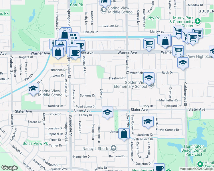 map of restaurants, bars, coffee shops, grocery stores, and more near 6302 Athena Drive in Huntington Beach