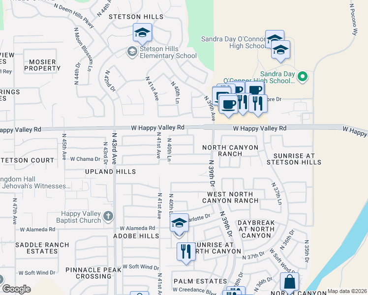 map of restaurants, bars, coffee shops, grocery stores, and more near 4014 West Chama Drive in Glendale