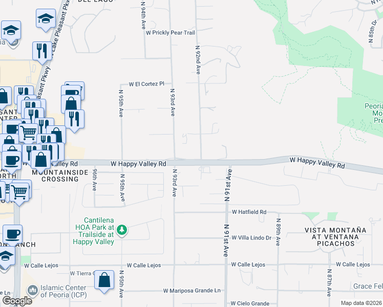 map of restaurants, bars, coffee shops, grocery stores, and more near 9260 West Happy Valley Road in Peoria
