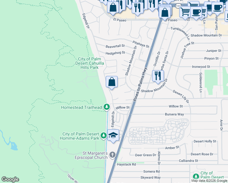 map of restaurants, bars, coffee shops, grocery stores, and more near 133 Vista Royale in Palm Desert