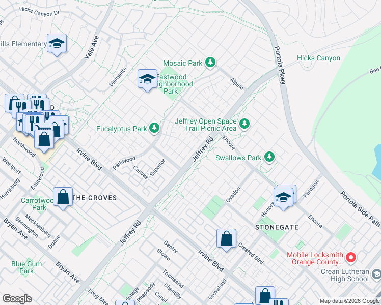 map of restaurants, bars, coffee shops, grocery stores, and more near 50 Decker in Irvine