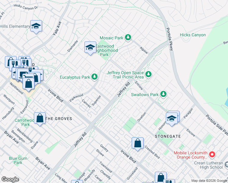 map of restaurants, bars, coffee shops, grocery stores, and more near 64 Darby in Irvine