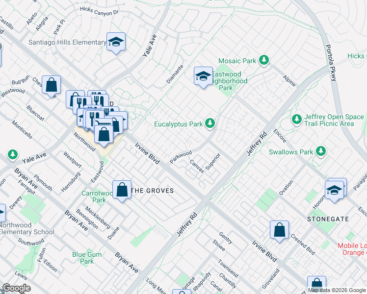 map of restaurants, bars, coffee shops, grocery stores, and more near 181 Hargrove in Irvine