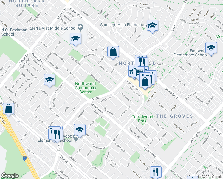 map of restaurants, bars, coffee shops, grocery stores, and more near 2 East Trenton in Irvine