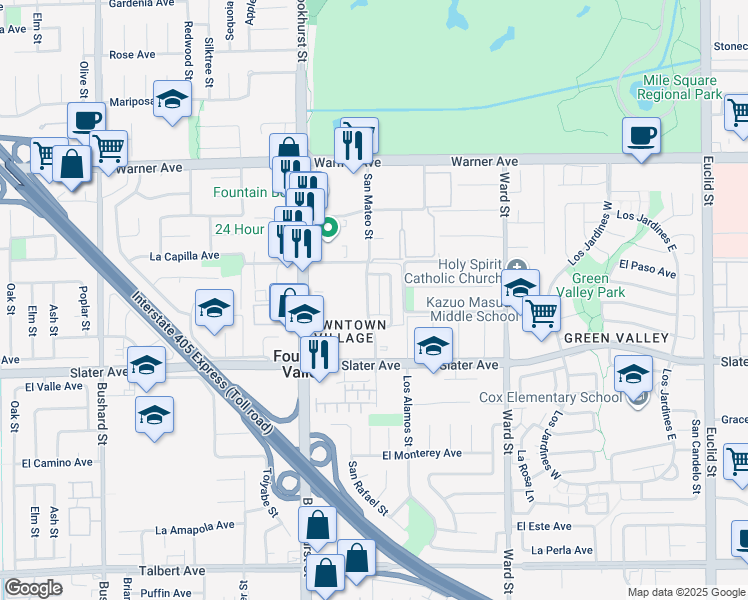 map of restaurants, bars, coffee shops, grocery stores, and more near 17371 San Luis Street in Fountain Valley
