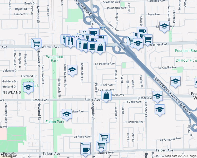map of restaurants, bars, coffee shops, grocery stores, and more near 17333 Pepper Tree Street in Fountain Valley