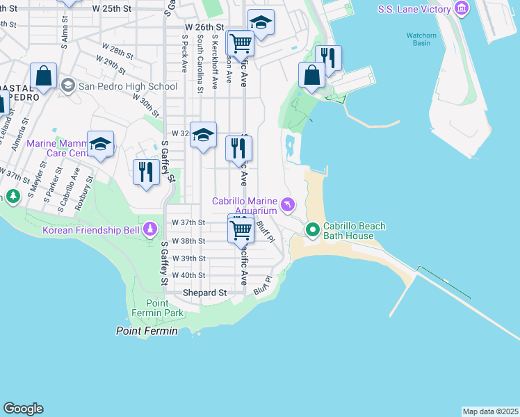 map of restaurants, bars, coffee shops, grocery stores, and more near 3620 Bluff Place in Los Angeles