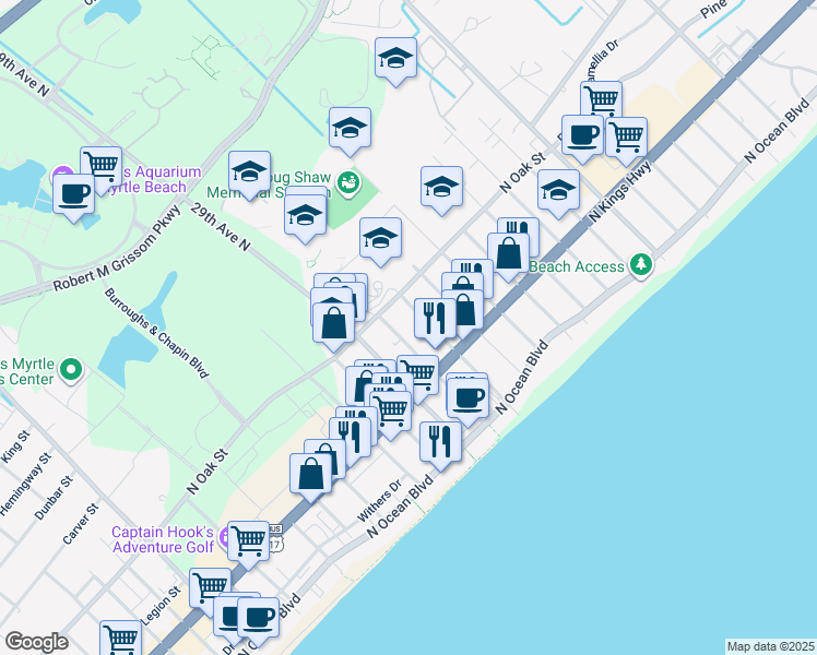 map of restaurants, bars, coffee shops, grocery stores, and more near 504 30th Avenue North in Myrtle Beach