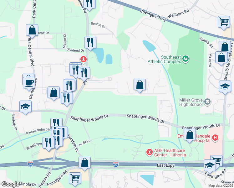map of restaurants, bars, coffee shops, grocery stores, and more near 5367 Shirewick Lane in Lithonia