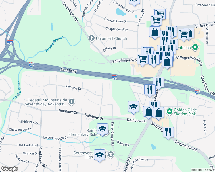 map of restaurants, bars, coffee shops, grocery stores, and more near 2601 Rainwater Court in Decatur