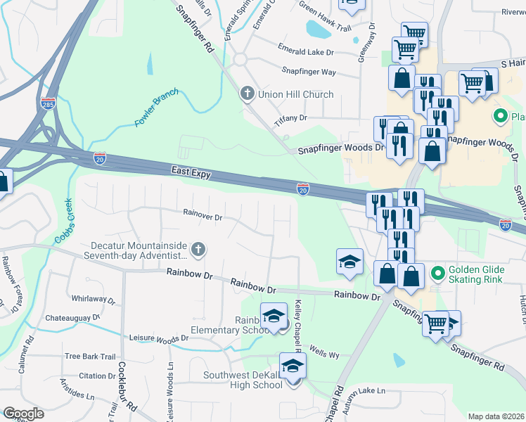 map of restaurants, bars, coffee shops, grocery stores, and more near 2602 Bright Court in Decatur