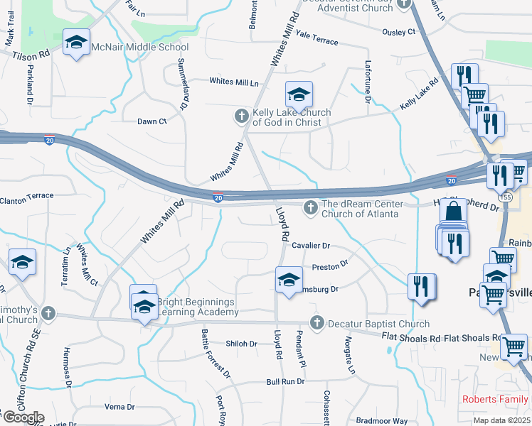 map of restaurants, bars, coffee shops, grocery stores, and more near 2635 Radvell Court in Decatur