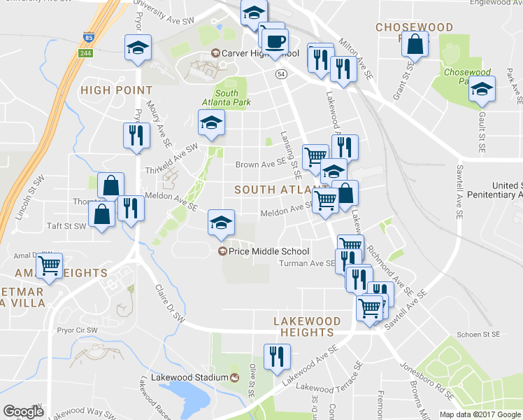 map of restaurants, bars, coffee shops, grocery stores, and more near 60 Meldon Avenue Southeast in Atlanta