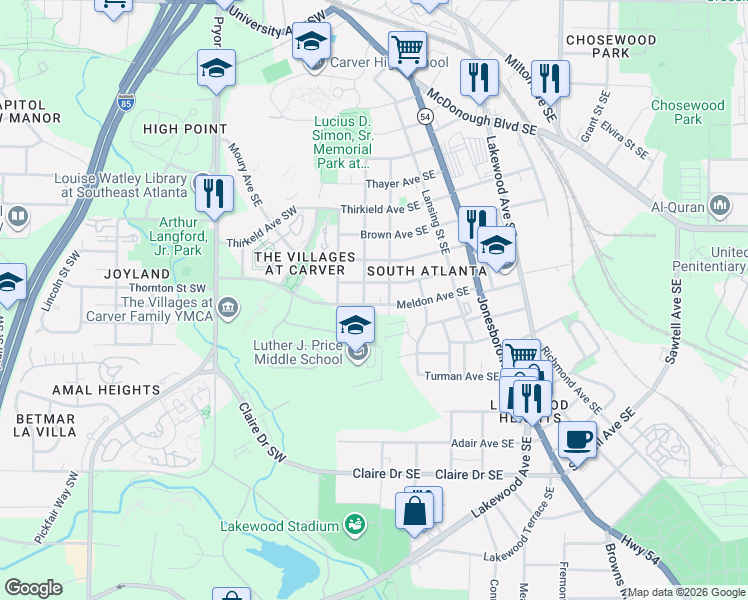map of restaurants, bars, coffee shops, grocery stores, and more near 80 Meldon Avenue Southeast in Atlanta