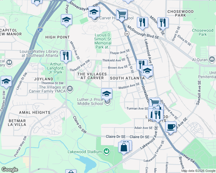 map of restaurants, bars, coffee shops, grocery stores, and more near 80 Meldon Avenue Southeast in Atlanta