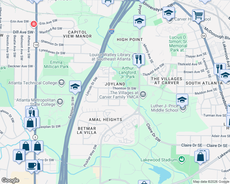 map of restaurants, bars, coffee shops, grocery stores, and more near 260 Upshaw Street Southwest in Atlanta