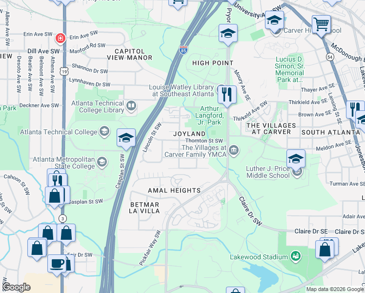 map of restaurants, bars, coffee shops, grocery stores, and more near 260 Upshaw Street Southwest in Atlanta