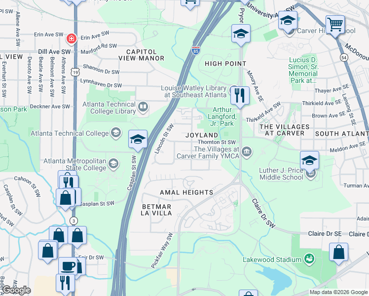 map of restaurants, bars, coffee shops, grocery stores, and more near 1678 Thornton Place Southwest in Atlanta