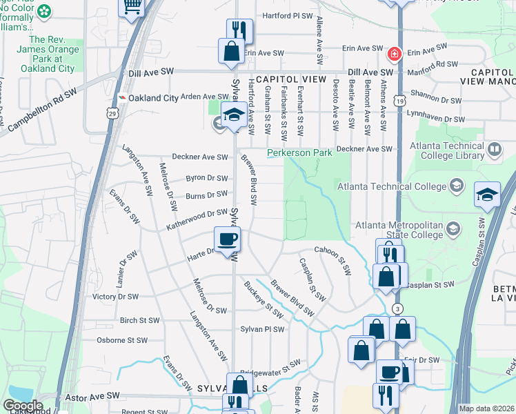 map of restaurants, bars, coffee shops, grocery stores, and more near 1610 Brewer Boulevard Southwest in Atlanta