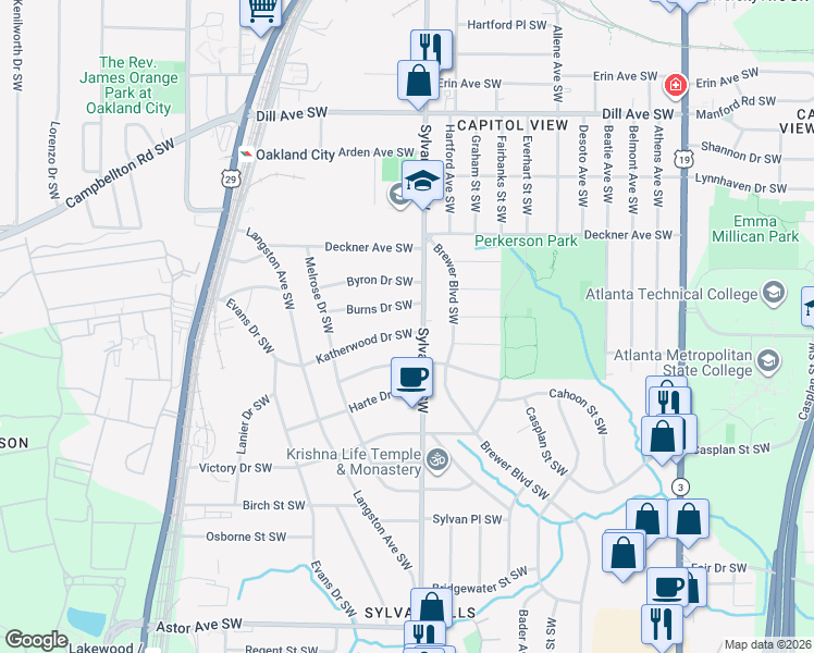 map of restaurants, bars, coffee shops, grocery stores, and more near 1607 Sylvan Road Southwest in Atlanta
