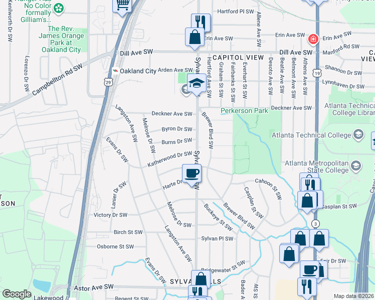 map of restaurants, bars, coffee shops, grocery stores, and more near 1607 Sylvan Road Southwest in Atlanta