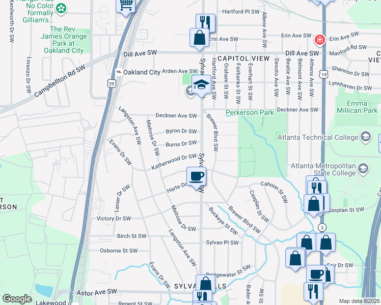 map of restaurants, bars, coffee shops, grocery stores, and more near 1607 Sylvan Road Southwest in Atlanta