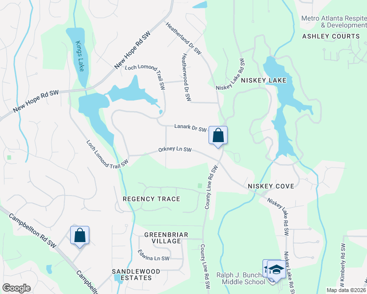 map of restaurants, bars, coffee shops, grocery stores, and more near 4610 Orkney Lane Southwest in Atlanta