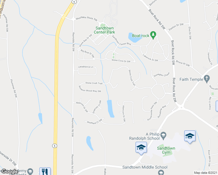 map of restaurants, bars, coffee shops, grocery stores, and more near 295 Boulder Park Court Southwest in Atlanta