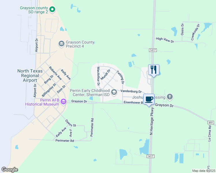 map of restaurants, bars, coffee shops, grocery stores, and more near 12 Pershing Drive in Denison
