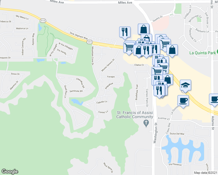 map of restaurants, bars, coffee shops, grocery stores, and more near 46542 Arapahoe in Indian Wells