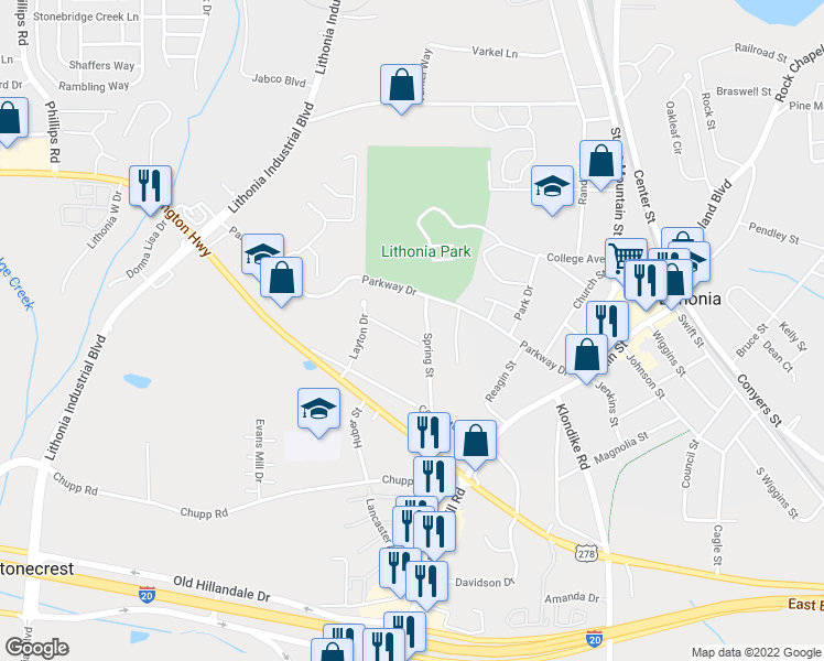 map of restaurants, bars, coffee shops, grocery stores, and more near 6662 Hawes Drive in Lithonia