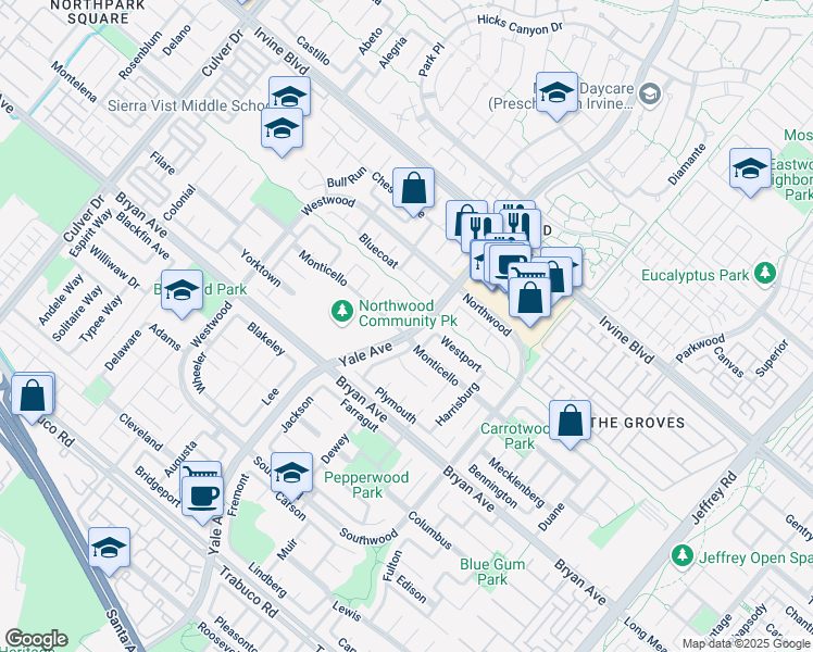 map of restaurants, bars, coffee shops, grocery stores, and more near 2 East Trenton in Irvine