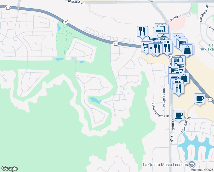 map of restaurants, bars, coffee shops, grocery stores, and more near 77920 Cherokee Road in Indian Wells
