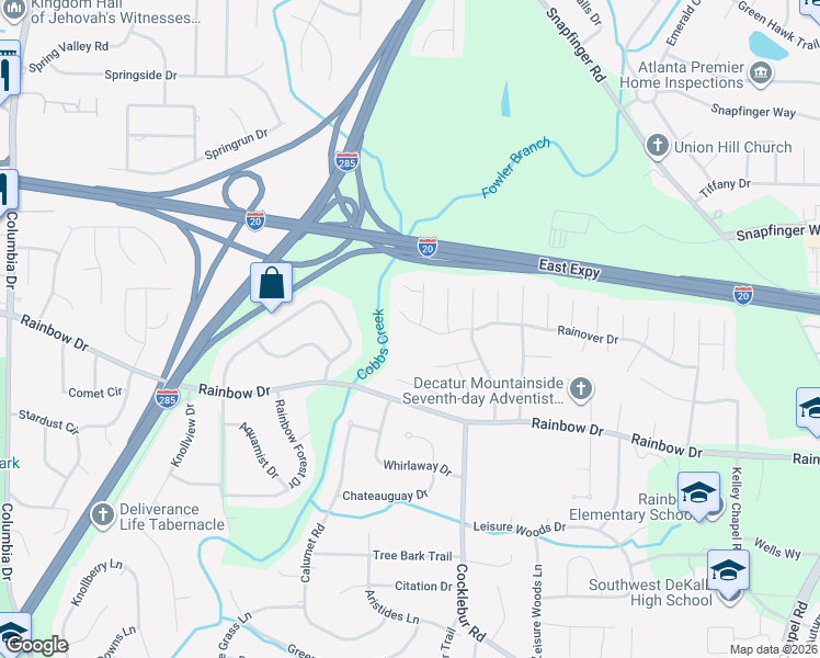 map of restaurants, bars, coffee shops, grocery stores, and more near 3723 Rainover Drive in Decatur