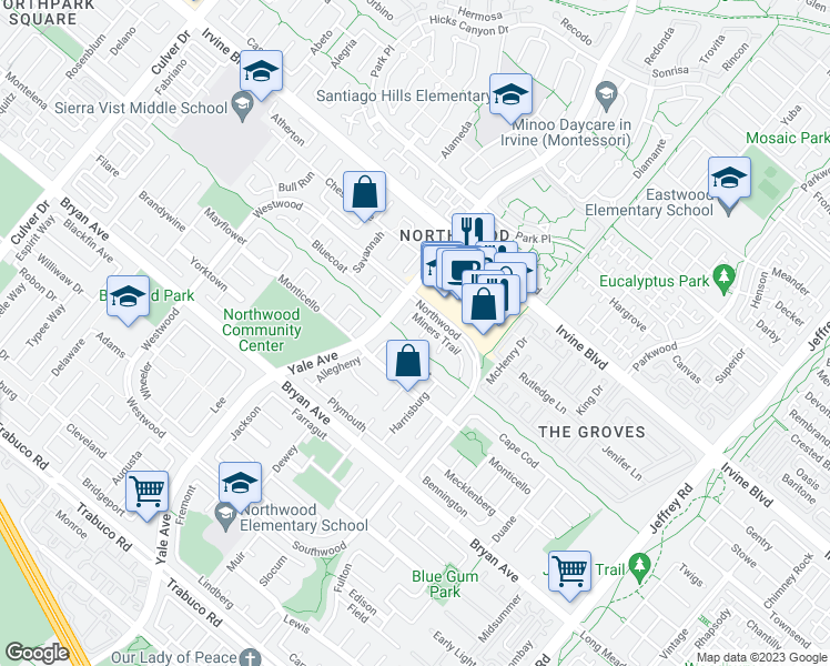 map of restaurants, bars, coffee shops, grocery stores, and more near 6 Copper Hill in Irvine