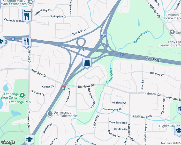 map of restaurants, bars, coffee shops, grocery stores, and more near 2668 Kings Park Circle in Decatur