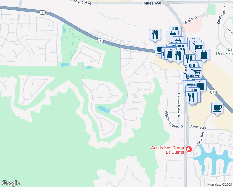 map of restaurants, bars, coffee shops, grocery stores, and more near 77920 Cherokee Road in Indian Wells