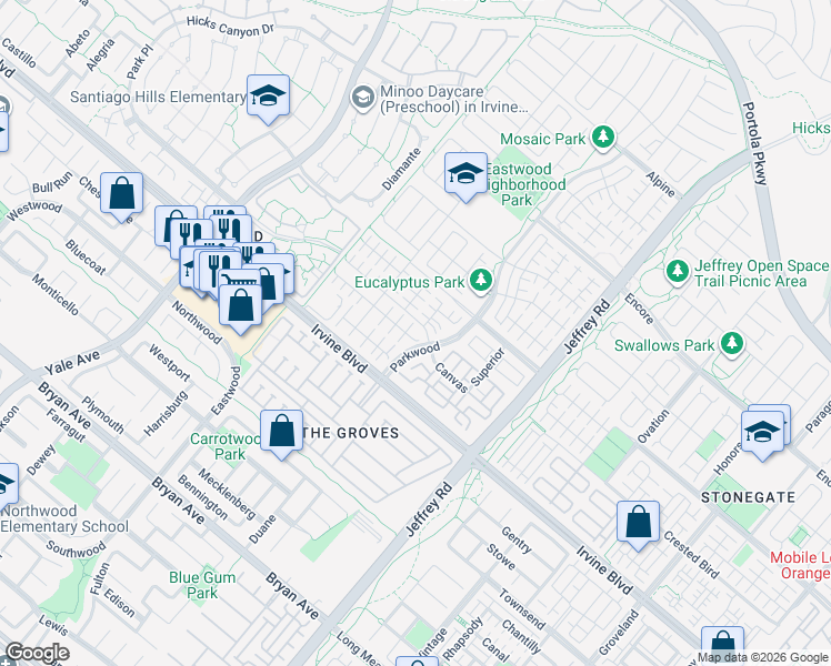 map of restaurants, bars, coffee shops, grocery stores, and more near 181 Hargrove in Irvine