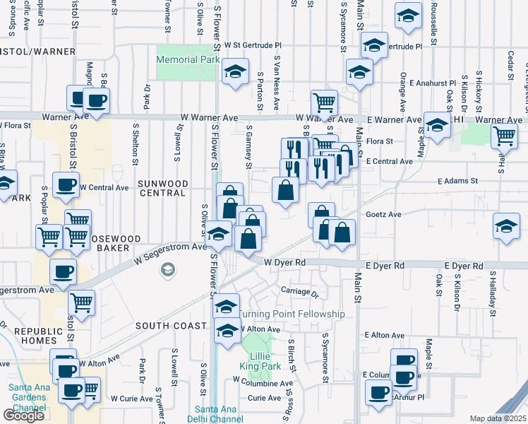map of restaurants, bars, coffee shops, grocery stores, and more near 2601 S Garnsey St in Santa Ana