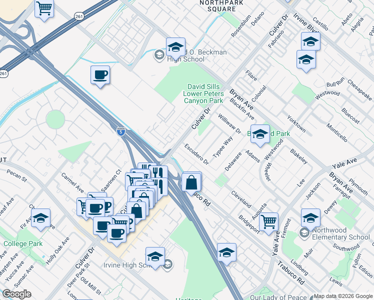 map of restaurants, bars, coffee shops, grocery stores, and more near 4052 Escudero Drive in Irvine