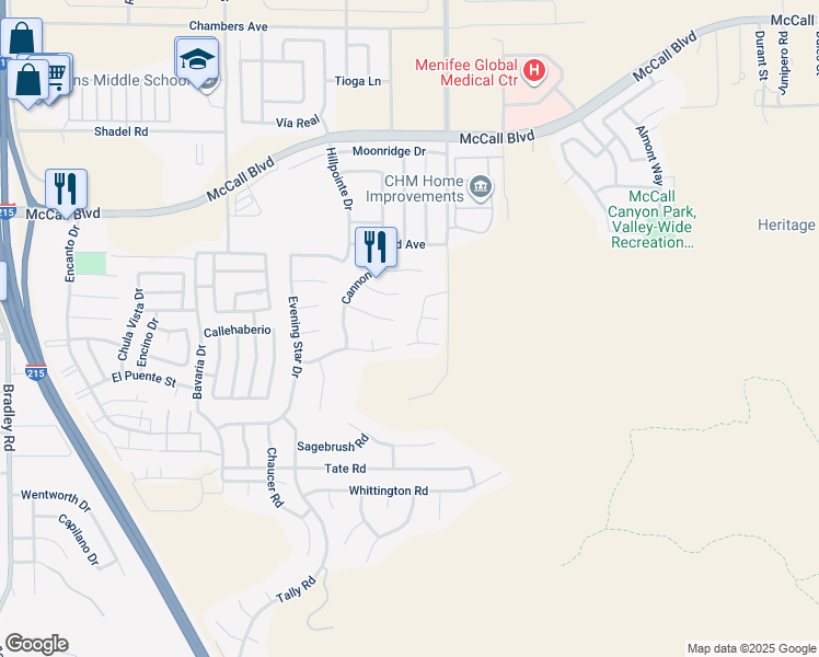 map of restaurants, bars, coffee shops, grocery stores, and more near 28195 Juniper Tree Lane in Menifee