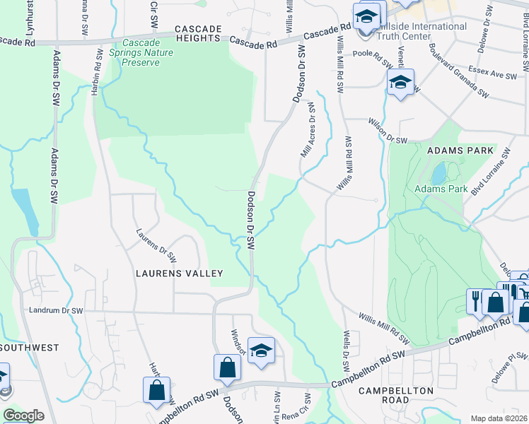 map of restaurants, bars, coffee shops, grocery stores, and more near 1634 Dodson Drive Southwest in Atlanta