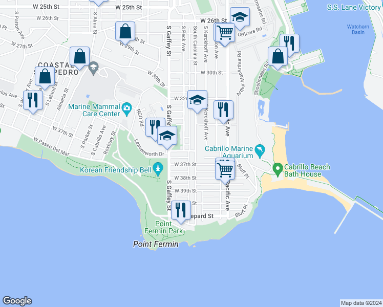 map of restaurants, bars, coffee shops, grocery stores, and more near 3605 South Carolina Street in Los Angeles