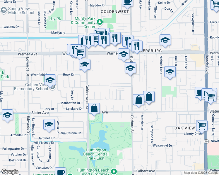 map of restaurants, bars, coffee shops, grocery stores, and more near 7172 Betty Drive in Huntington Beach
